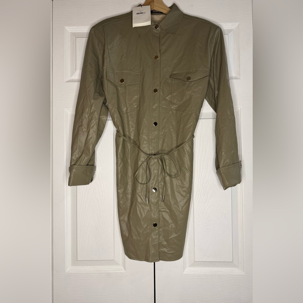 Nookie Off Duty Shirt Dress Khaki Faux Leather Mini Tie Waist Long Sleeve Small - Picture 4 of 7